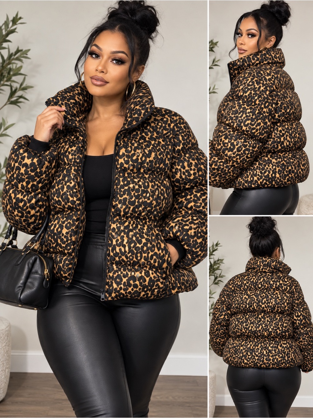 Wild Fable Leopard Print Puffer Jacket Womenโs XXL Oversized Cropped Win